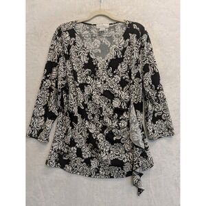 Emma & Olive Petite Wrap Style Blouse Black White Paisley Print PXL‎